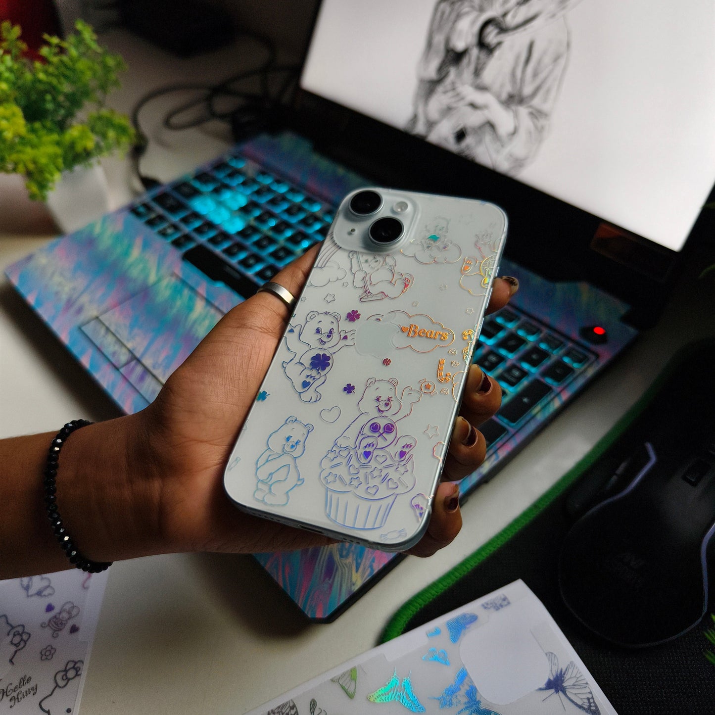 Cute Bears 3D Rainbow Transparent Mobile Skin Wrap - (Installation Kit Included)