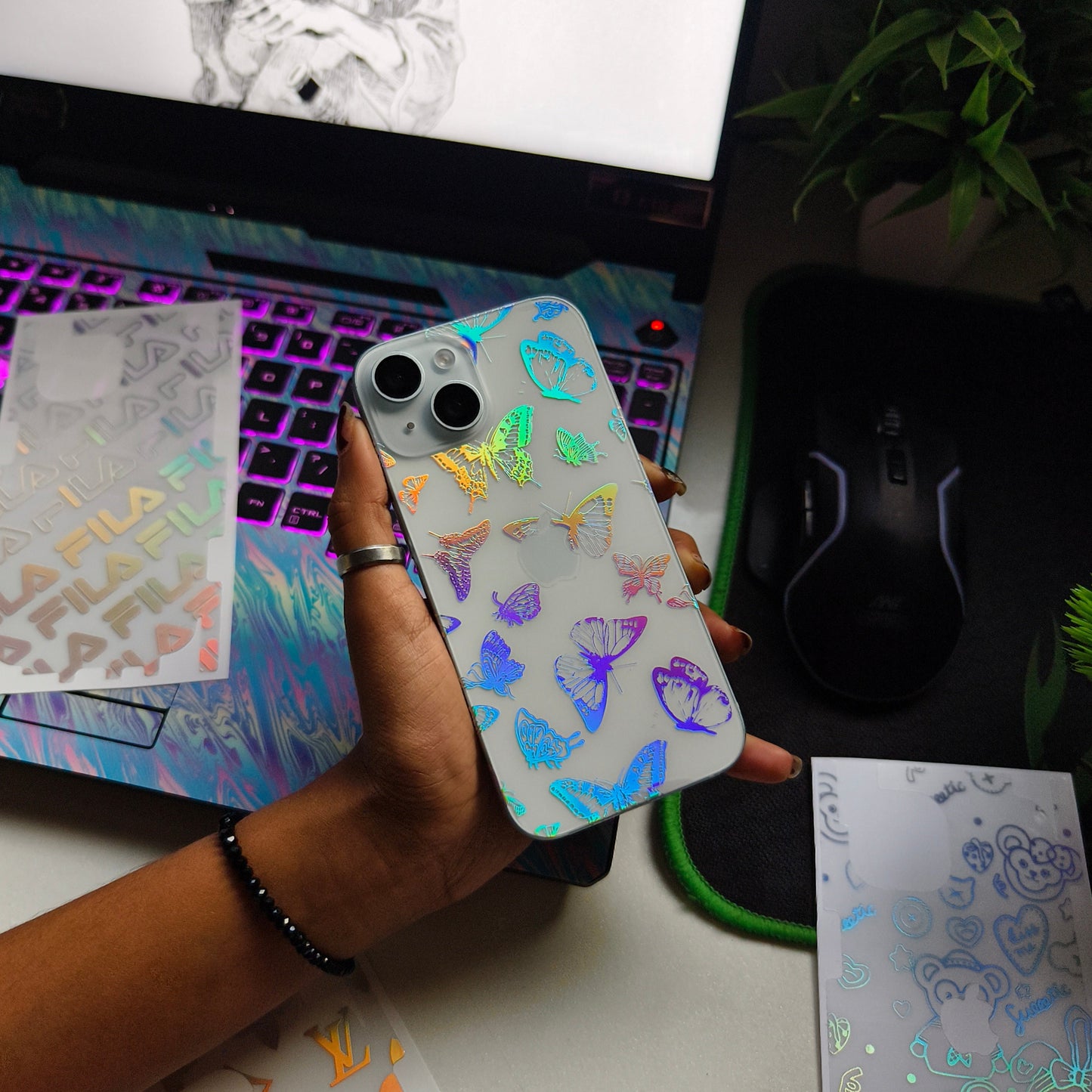 Butterfly 3D Rainbow Transparent Mobile Skin Wrap - (Installation Kit Included)