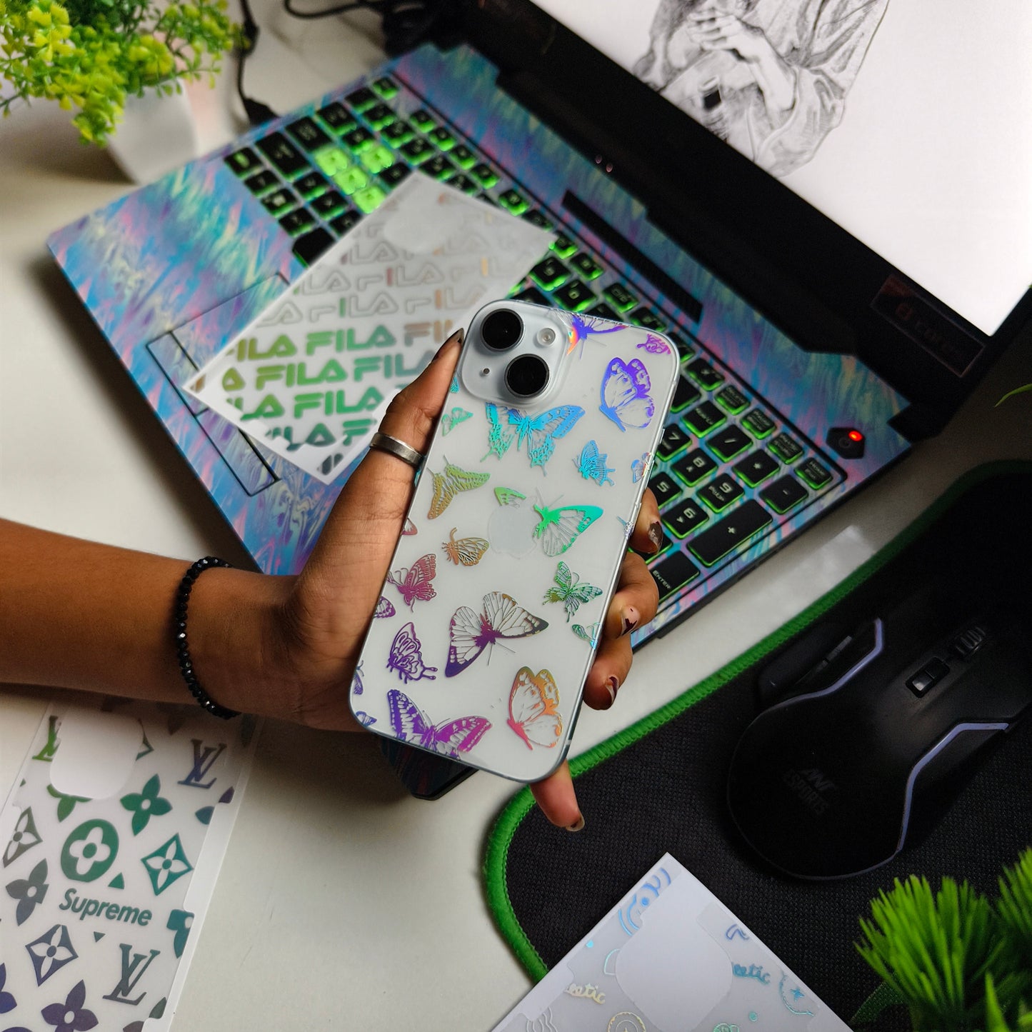 Butterfly 3D Rainbow Transparent Mobile Skin Wrap - (Installation Kit Included)