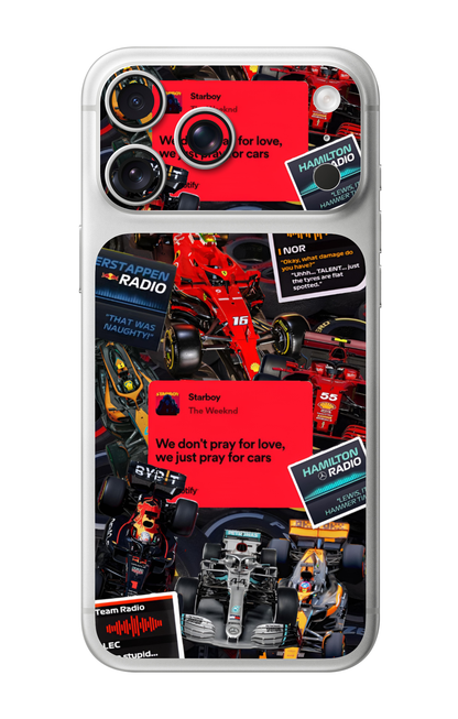 F1 We Just Pray For Cars Aesthetic Collage Camera & Pocket Edition Mobile Skin for iPhone 17 Pro & 17 Pro Max