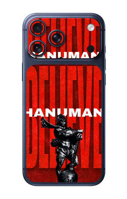 Lord Hanuman Believe Bold Red Typography Camera & Pocket Edition Mobile Skin for iPhone 17 Pro & 17 Pro Max