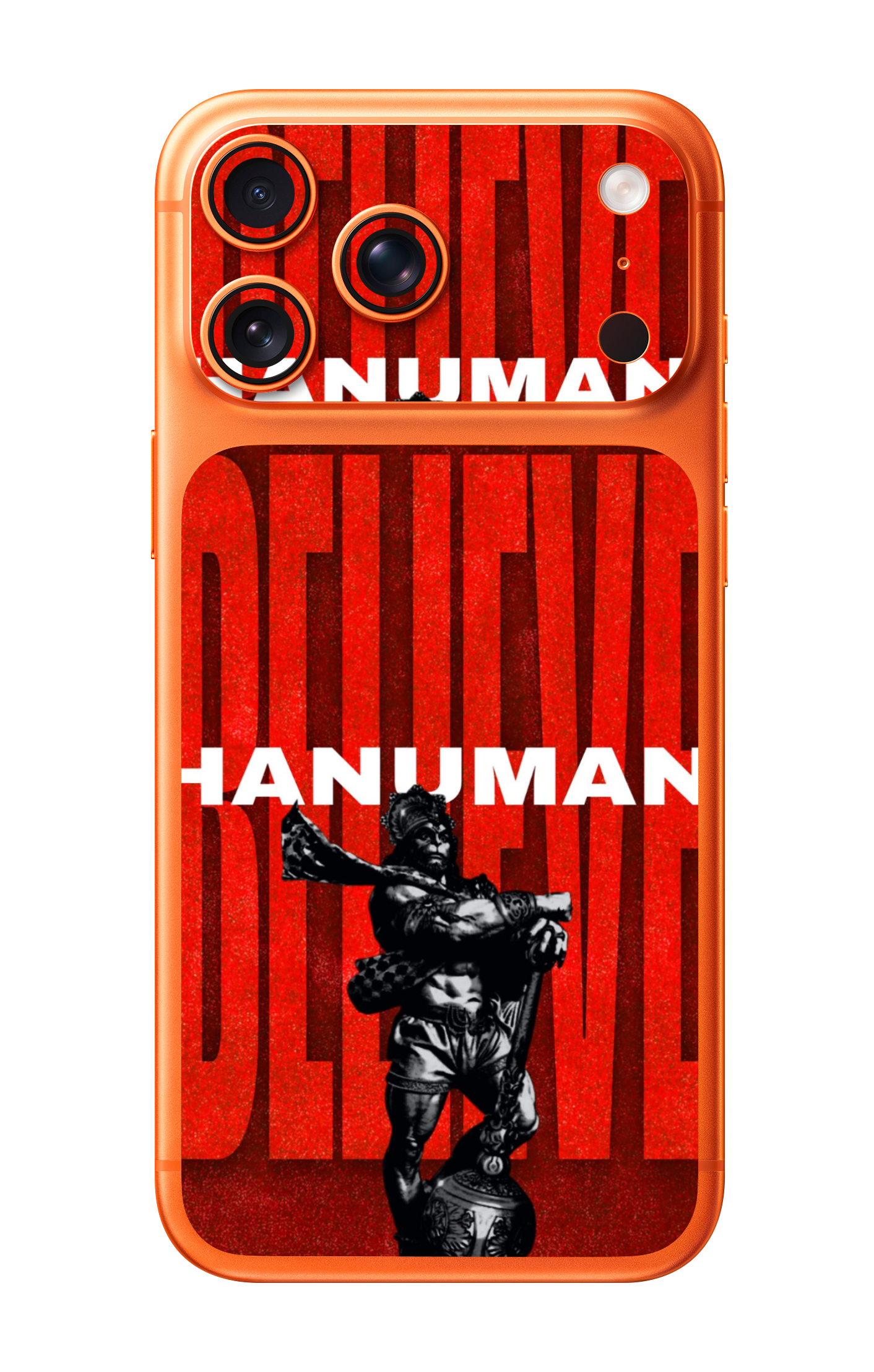 Lord Hanuman Believe Bold Red Typography Camera & Pocket Edition Mobile Skin for iPhone 17 Pro & 17 Pro Max